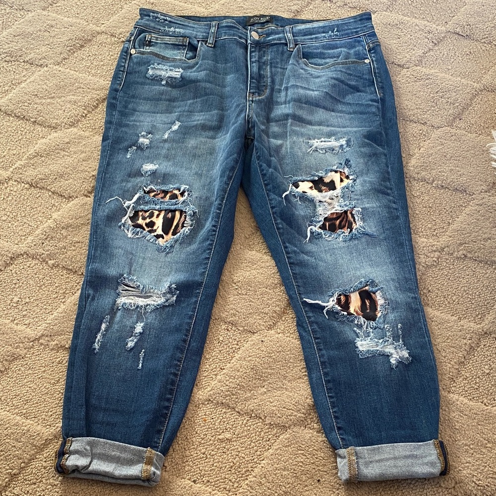 Judy Blue Distressed Skinny Jeans with Leopard Accents
